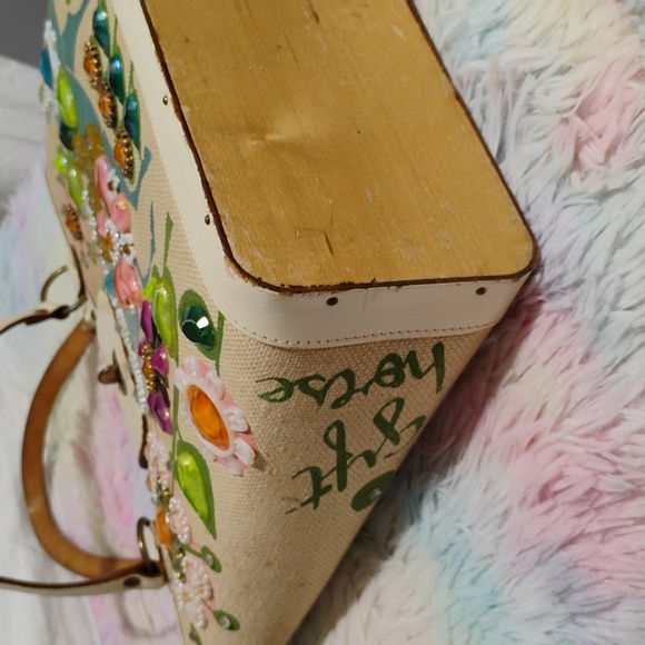 RARE! Gift Horse Enid Collins 1960's Multicolor Stone Decor Wood Bottom Bag - Picture 10 of 17